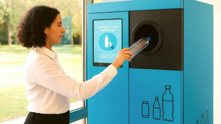 Machine de consigne SDR Portugal avec une femme déposant une bouteille plastique