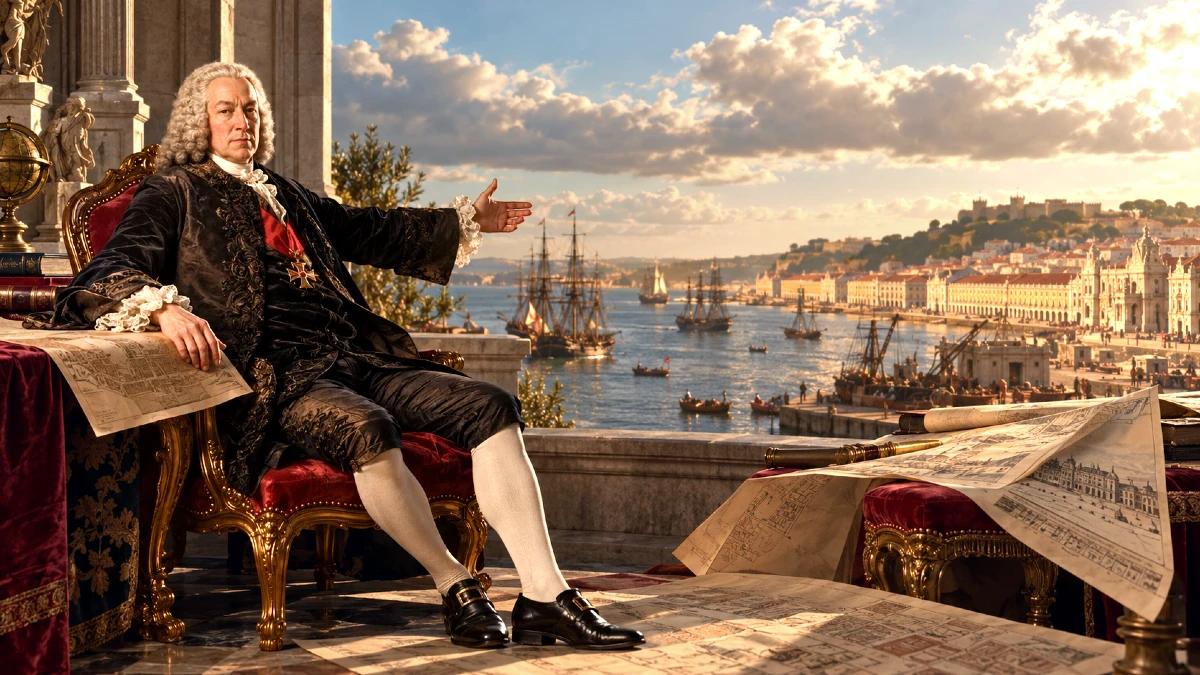 Reconstitution du marquis de Pombal assis devant une vue historique de Lisbonne, avec des plans d'urbanisme à ses pieds.